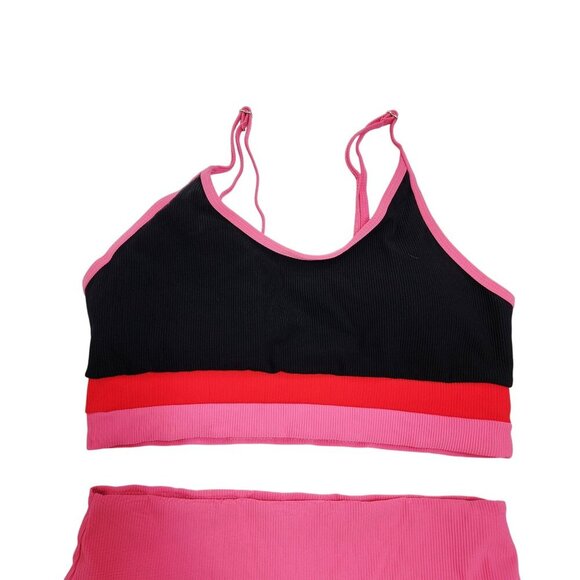 Womens Colorblock Bikini Set Size L  Black & Pink Swimsuit Adjustable - Picture 2 of 5